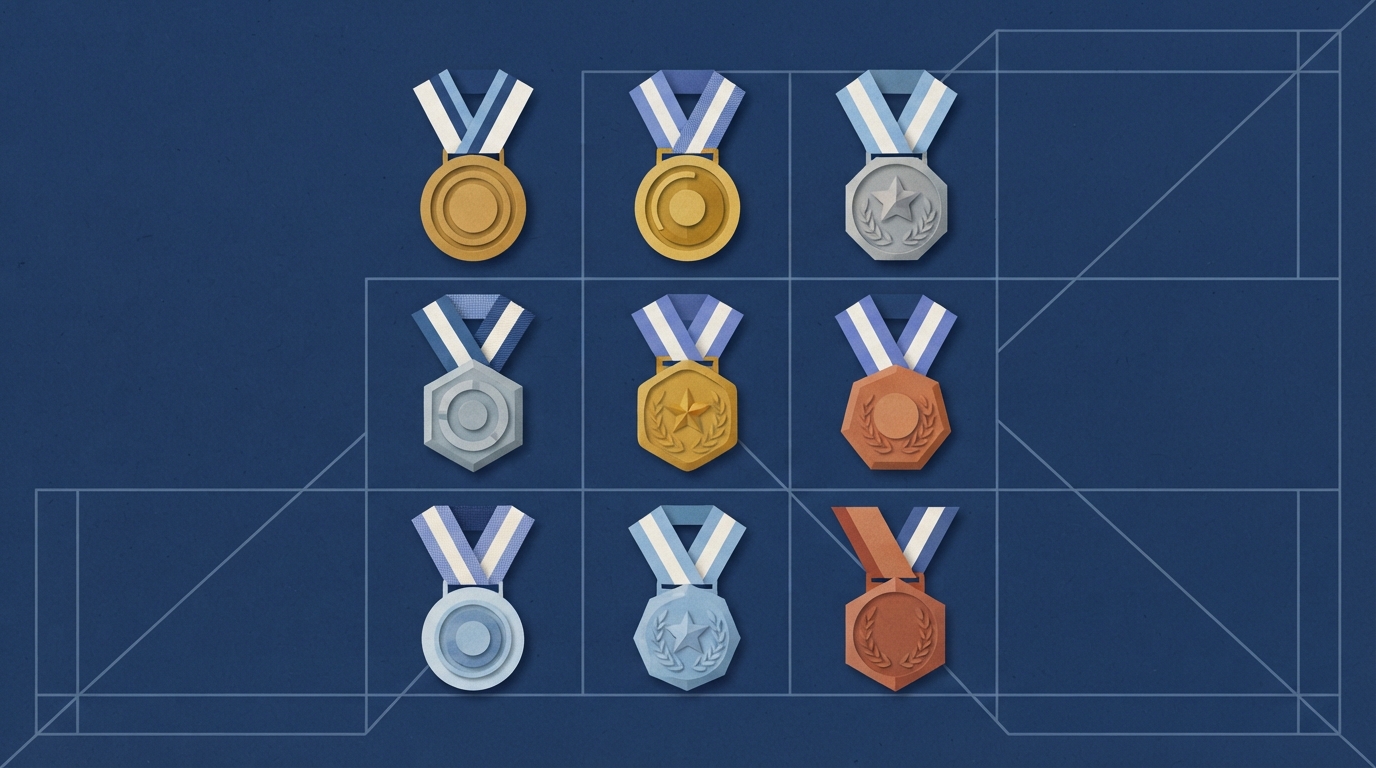 Ilustração: Medalhas de ouro, prata e bronze sobre fundo escuro.