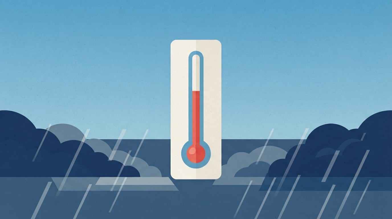 Ilustração: termômetro com mercúrio em alta, céu claro ao fundo e nuvens de tempestade com chuva no horizonte.