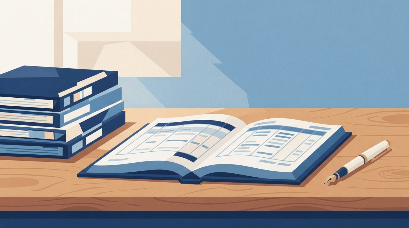 Ilustração: mesa de madeira com livro de registros aberto, caneta e pastas organizadas.