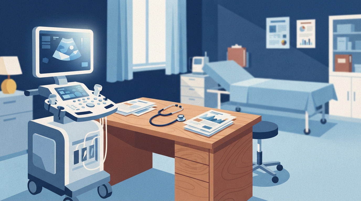 Ilustração: equipamento de ultrassom em consultório médico com mesa de atendimento.