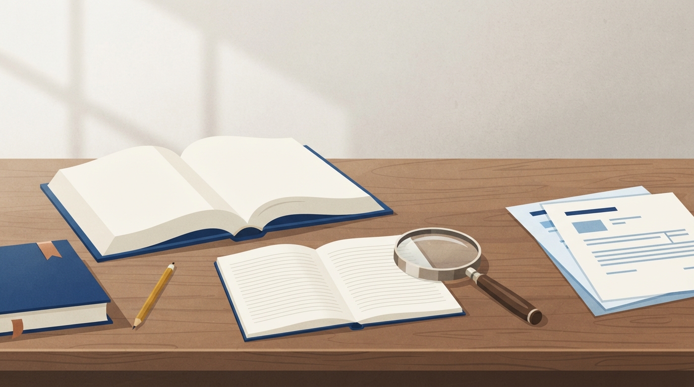 Ilustração: Livros, cadernos e lupa sobre mesa de madeira em luz natural.
