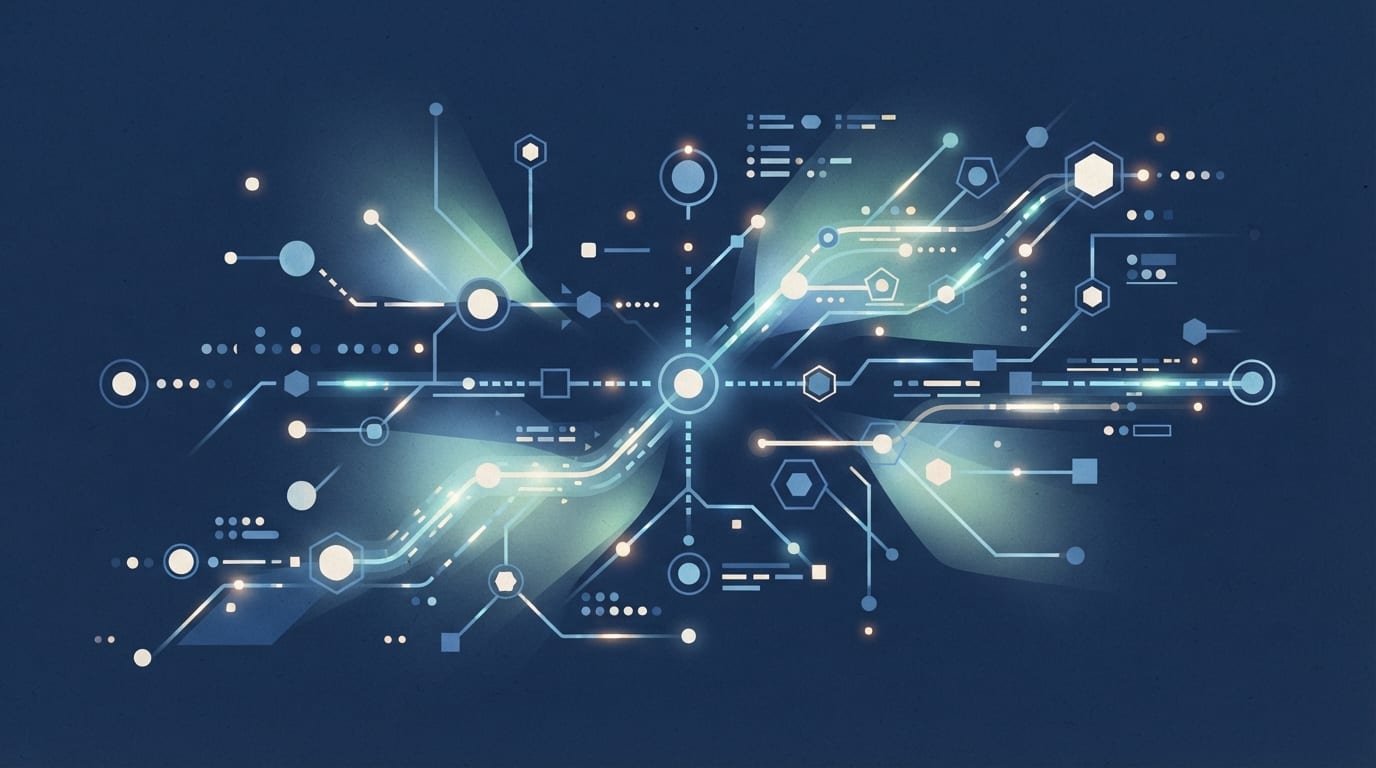 Ilustração: Interface digital com nós interconectados e fluxos de dados em tons de azul e verde, representando transações digitais.