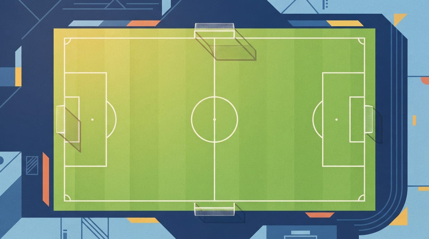 Ilustração: campo de futebol com linhas brancas demarcadas sob luz dourada.