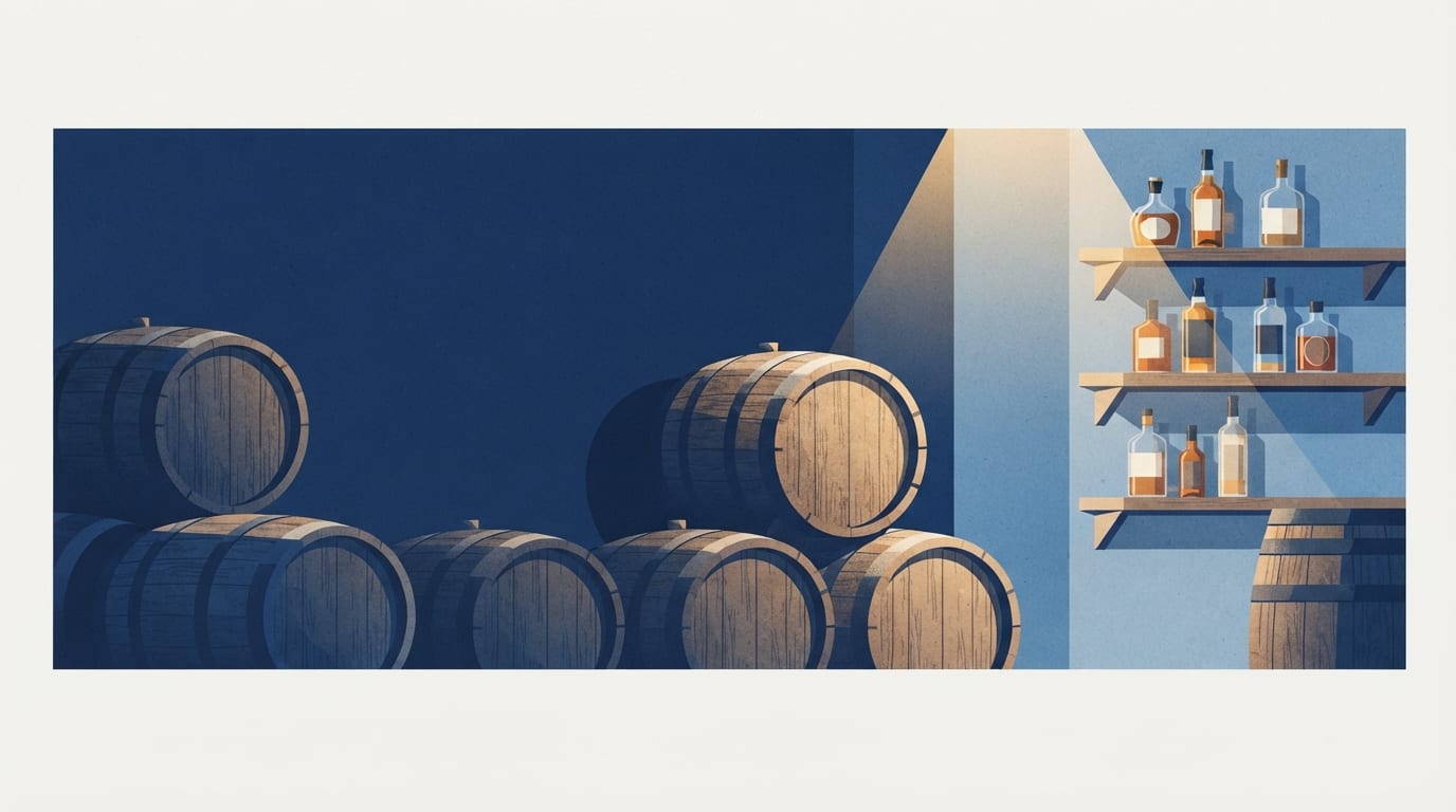 Ilustração: barris de madeira e garrafas de cachaça em ambiente de armazenamento.