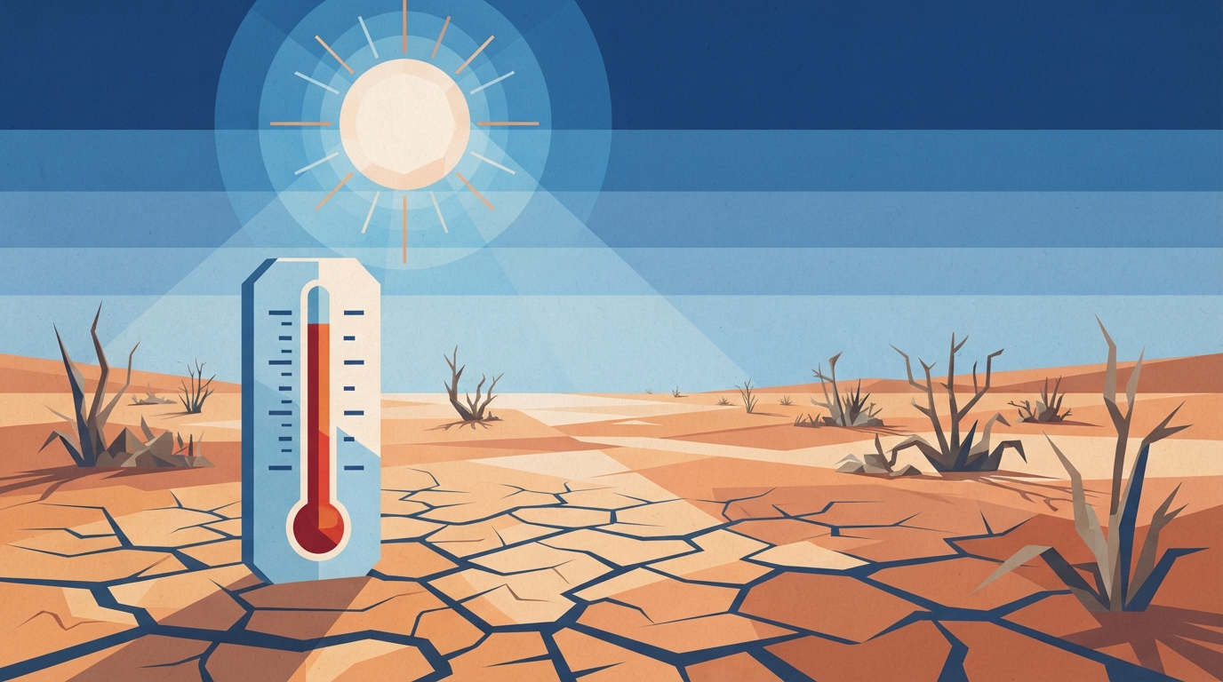 Ilustração: solo ressecado e rachado sob sol intenso, representando seca e calor.