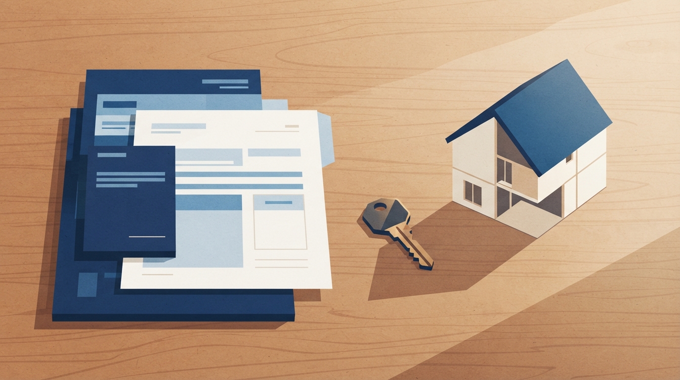 Ilustração: documentos de financiamento, chave de casa e maquete imobiliária sobre mesa de madeira.