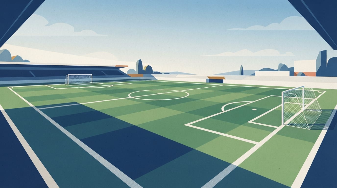 Ilustração: campo de futebol com linhas brancas e luz da tarde.
