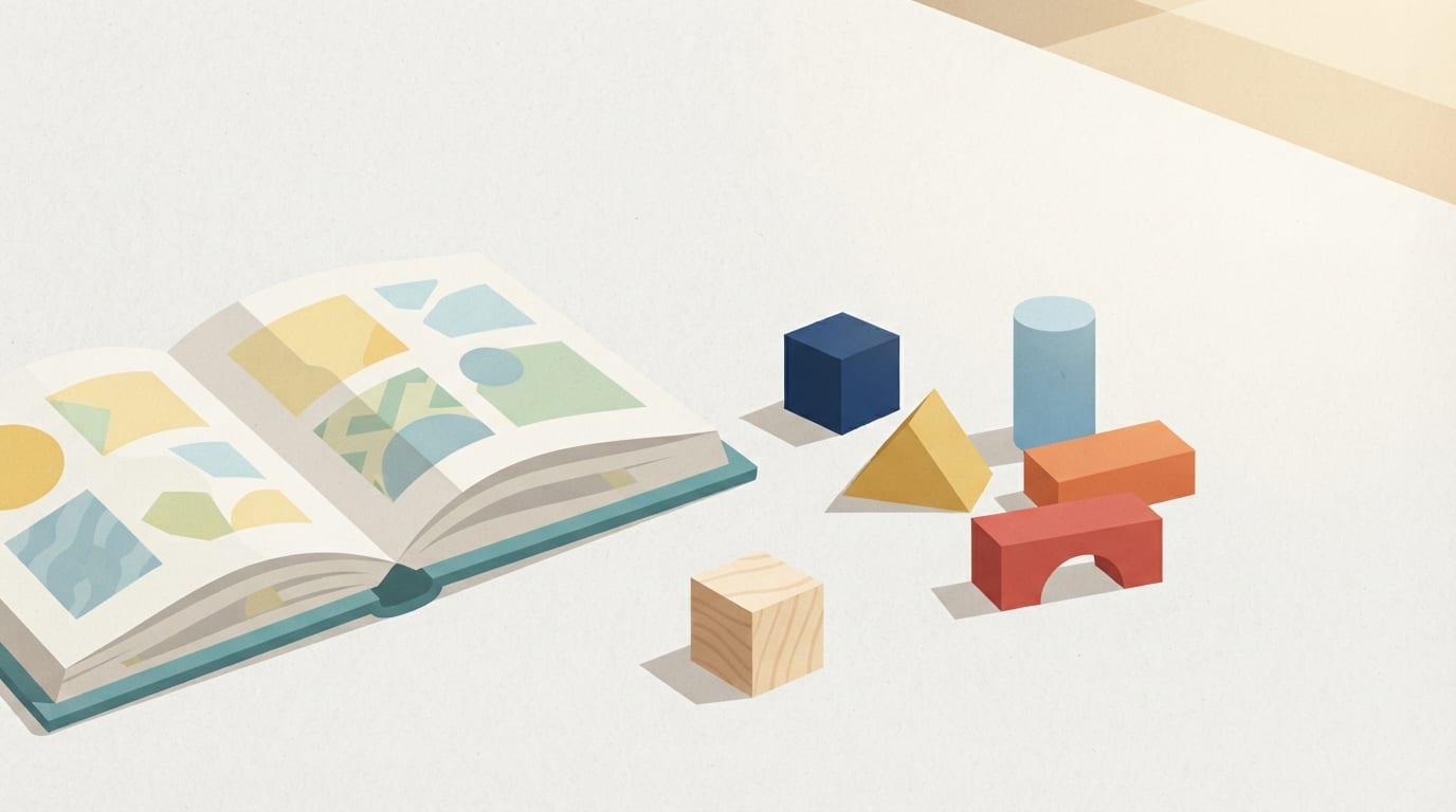 Ilustração: elementos simbólicos do universo infantil, como blocos de brinquedo coloridos e um livro infantil aberto