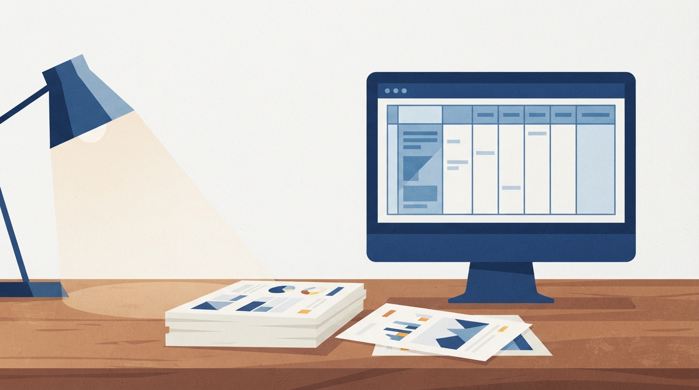 Ilustração: Computador com dados educacionais em tela, documentos organizados sobre mesa.