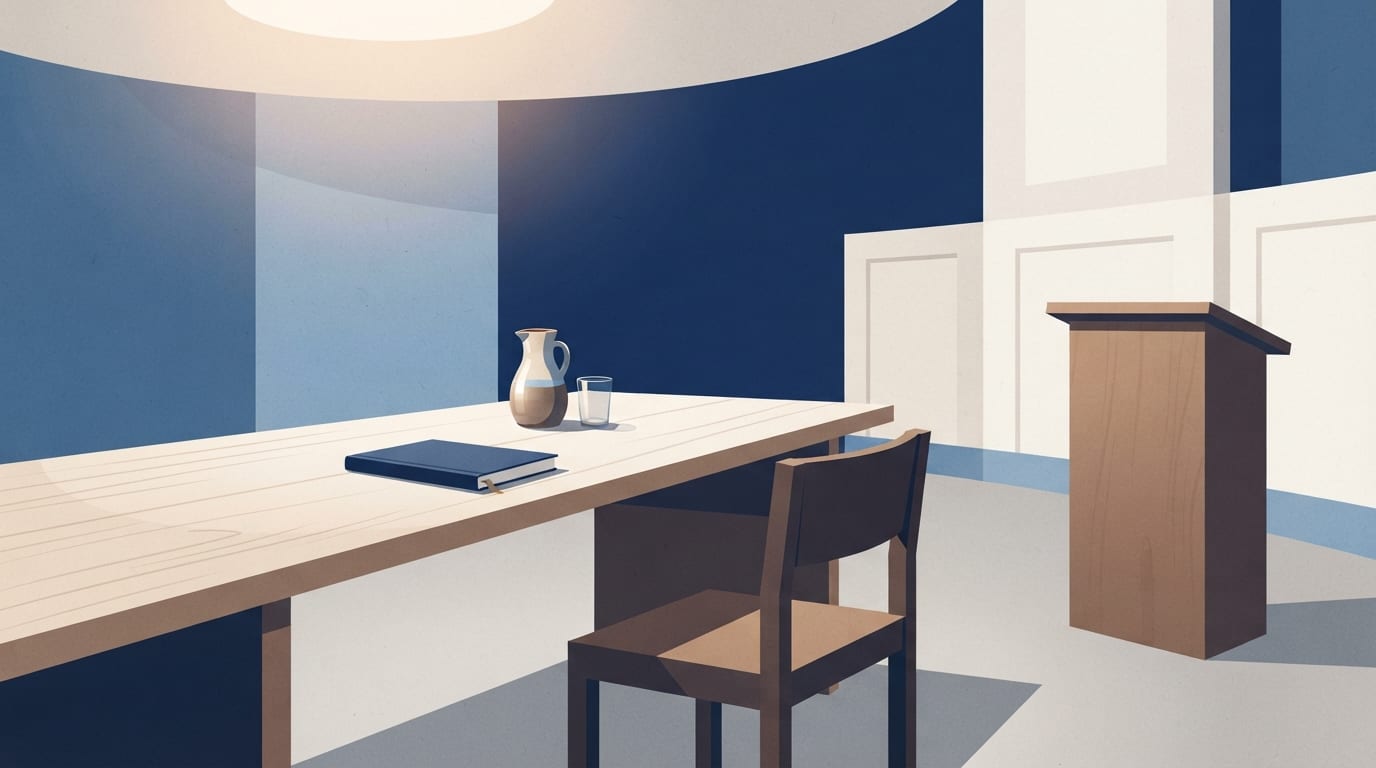 Ilustração: mesa com cadeira e pódio em madeira clara, evocando espaço de encontro institucional